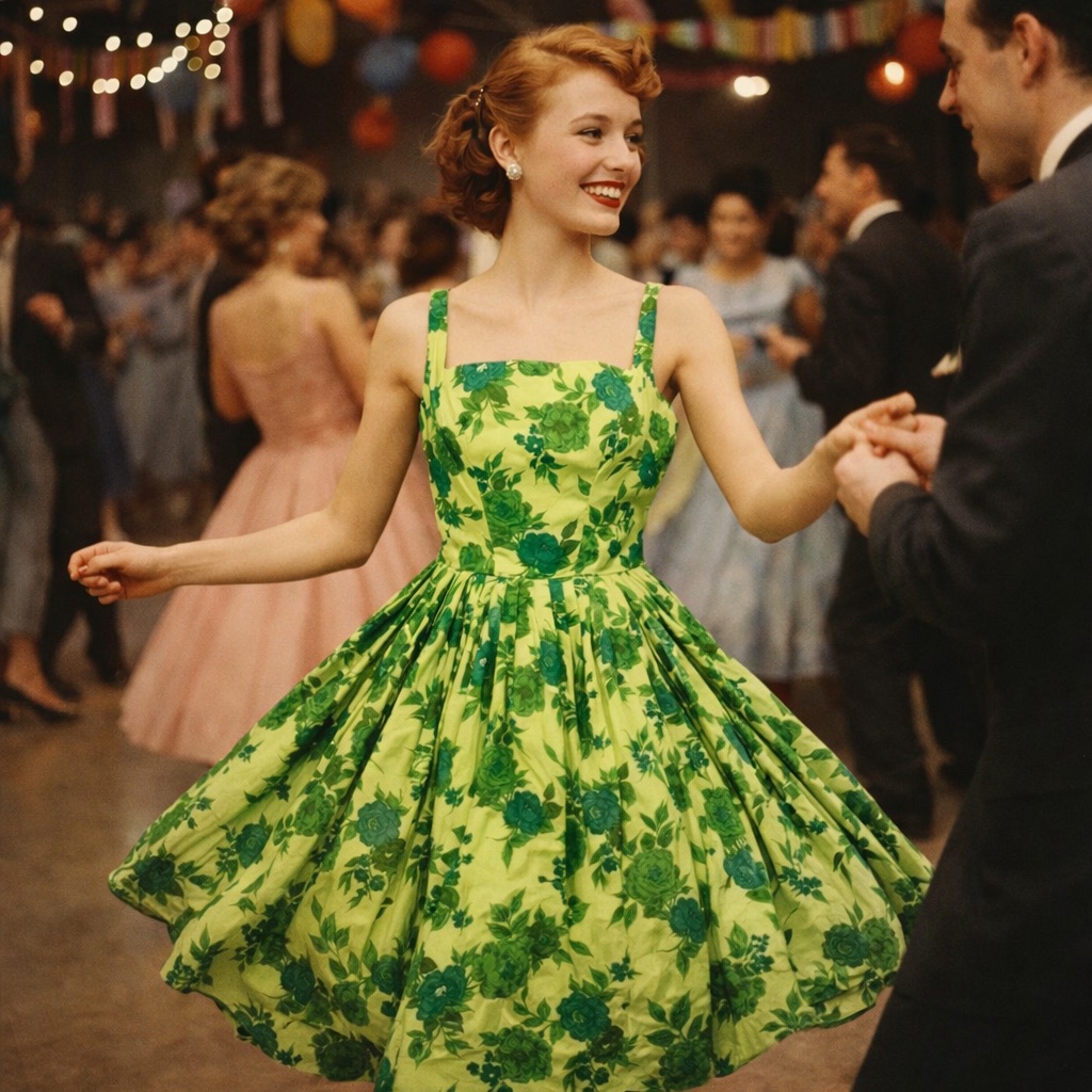 Vintage 1950s Mamselle Green Floral Bubble Hem Full Skirt Tea Dress Size 11